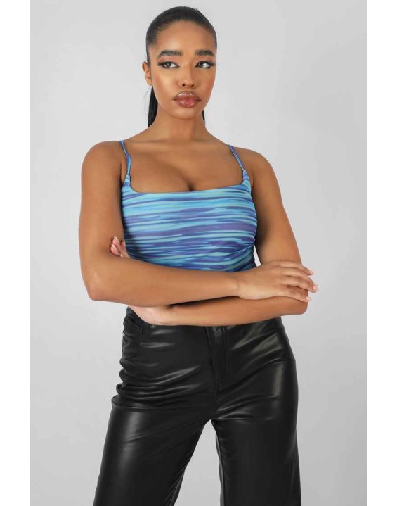 Space Dye Print Mesh Square Neck Bodysuit Blue