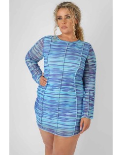 Curve Space Dye Print Mesh Dress Blue
