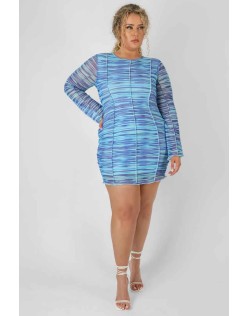 Curve Space Dye Print Mesh Dress Blue