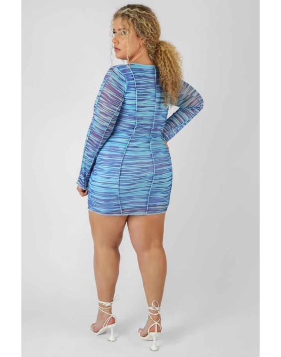 Curve Space Dye Print Mesh Dress Blue