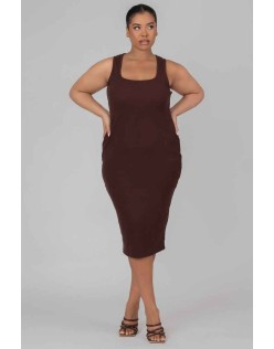 Curve Bodycon Scoop Neck Midi Dress Chocolate