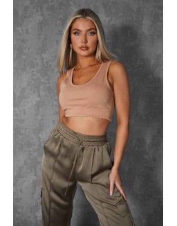Elasticated Waist Sweat Scoop Neck Crop Top Camel