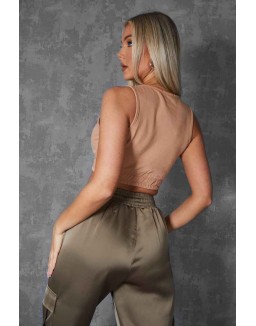 Elasticated Waist Sweat Scoop Neck Crop Top Camel