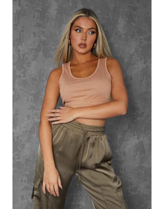 Elasticated Waist Sweat Scoop Neck Crop Top Camel