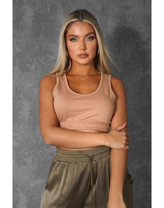 Elasticated Waist Sweat Scoop Neck Crop Top Camel