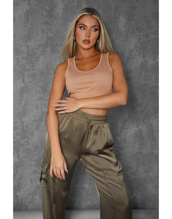 Elasticated Waist Sweat Scoop Neck Crop Top Camel