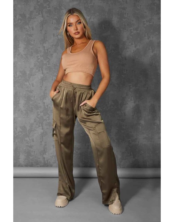 Elasticated Waist Sweat Scoop Neck Crop Top Camel