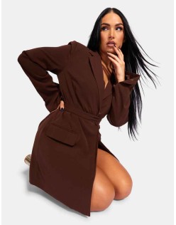 Wrap Belt Blazer Dress Chocolate