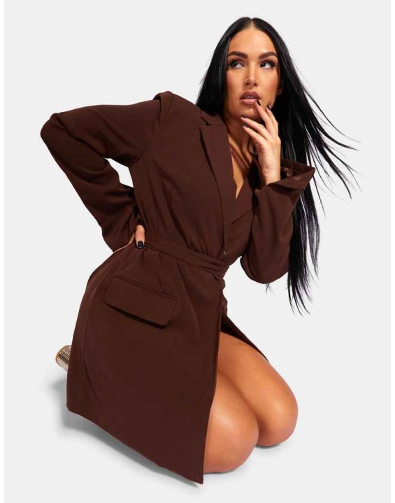 Wrap Belt Blazer Dress Chocolate