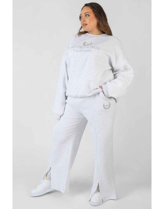 Curve Oversized Embroidered Split Front Joggers Oatmeal Marl