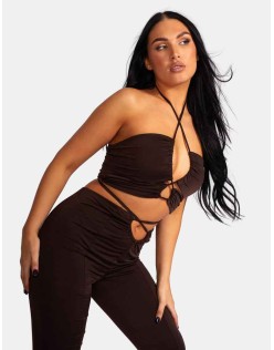 Loop Ruched High Waist Split Trousers Chocolate