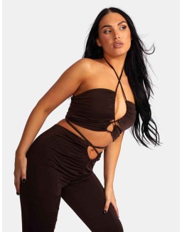 Loop Ruched High Waist Split Trousers Chocolate
