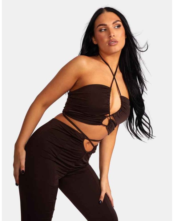 Loop Ruched High Waist Split Trousers Chocolate