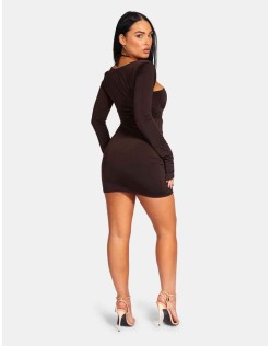 Slinky Ruch Bust Cut Out Long Sleeved Dress Chocolate