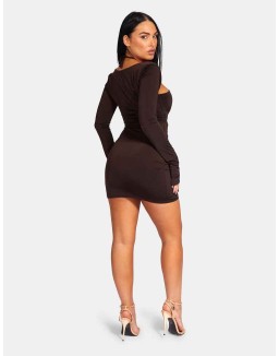 Slinky Ruch Bust Cut Out Long Sleeved Dress Chocolate