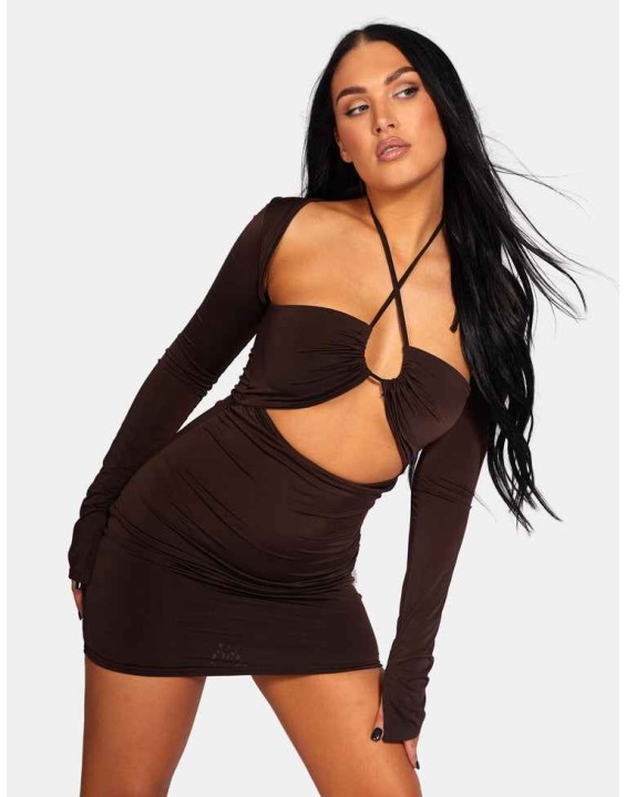 Slinky Ruch Bust Cut Out Long Sleeved Dress Chocolate