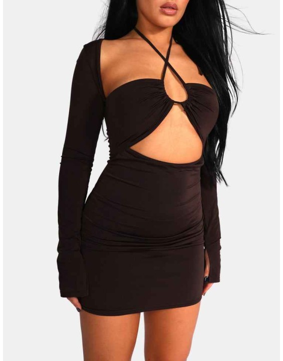Slinky Ruch Bust Cut Out Long Sleeved Dress Chocolate