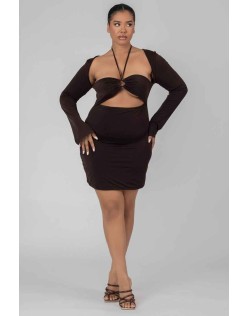 Curve Slinky Ruch Bust Cut Out Long Sleeved Dress Chocolate