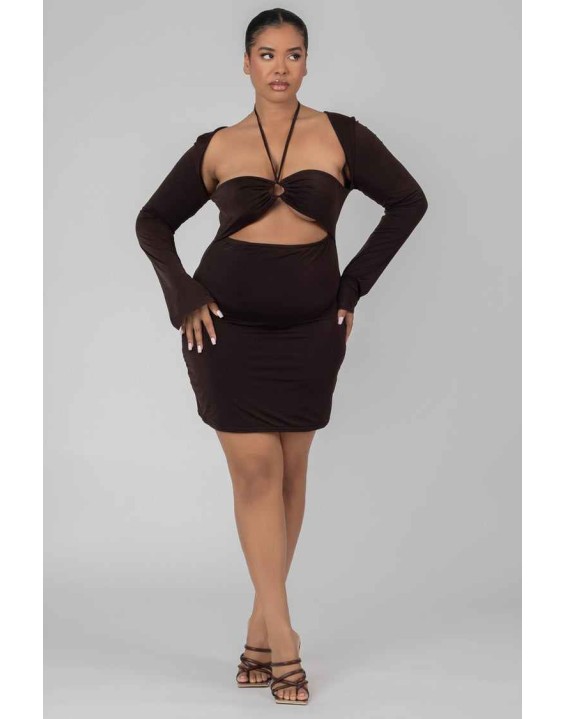 Curve Slinky Ruch Bust Cut Out Long Sleeved Dress Chocolate