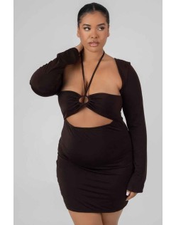 Curve Slinky Ruch Bust Cut Out Long Sleeved Dress Chocolate