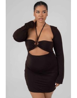 Curve Slinky Ruch Bust Cut Out Long Sleeved Dress Chocolate