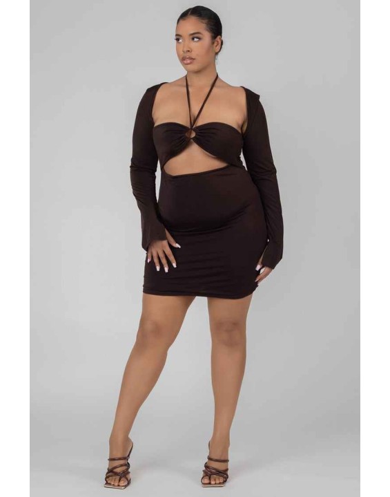 Curve Slinky Ruch Bust Cut Out Long Sleeved Dress Chocolate