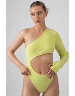 Ribbed Cut Out One Sleeve Bodysuit Lime