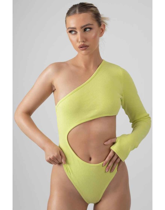 Ribbed Cut Out One Sleeve Bodysuit Lime
