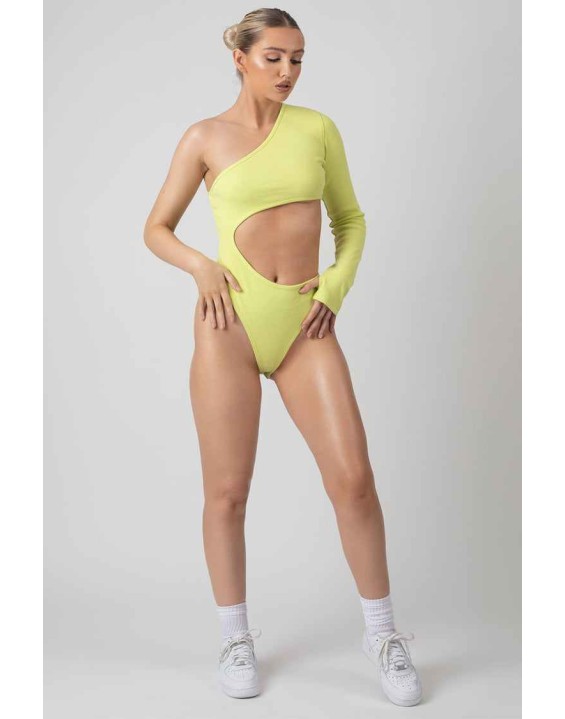 Ribbed Cut Out One Sleeve Bodysuit Lime