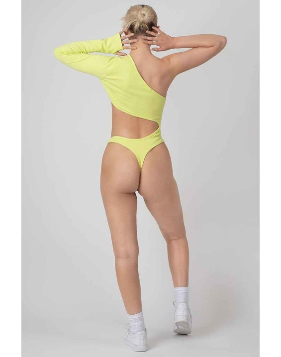 Ribbed Cut Out One Sleeve Bodysuit Lime