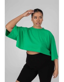 Curve Exposed Seam Oversized Cropped T Shirt Green