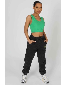 Elasticated Waist Sweat Scoop Neck Crop Top Green