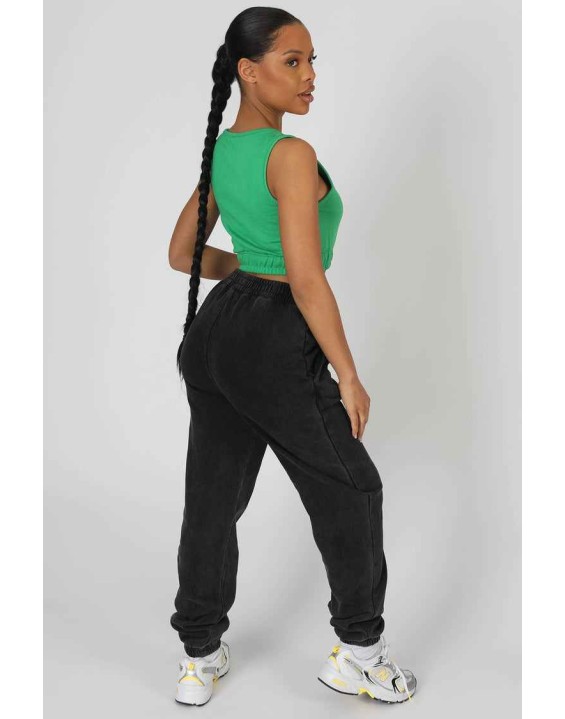 Elasticated Waist Sweat Scoop Neck Crop Top Green