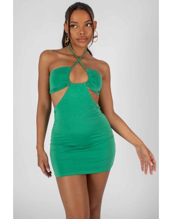 Slinky Loop Ruching Sleeveless Mini Dress Green