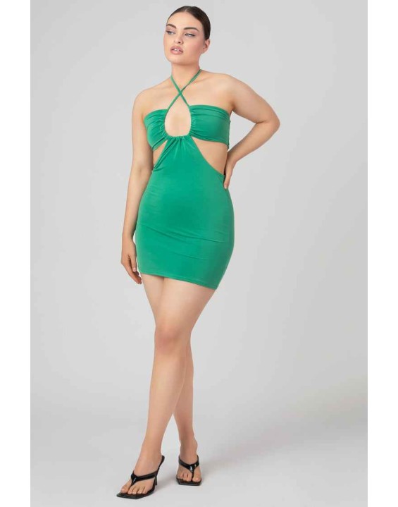 Slinky Loop Ruching Sleeveless Mini Dress Green