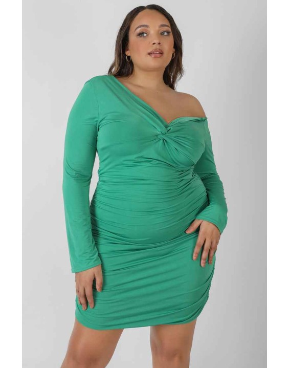 Curve Twist Wrap Gather Long Sleeve Mini Dress Green