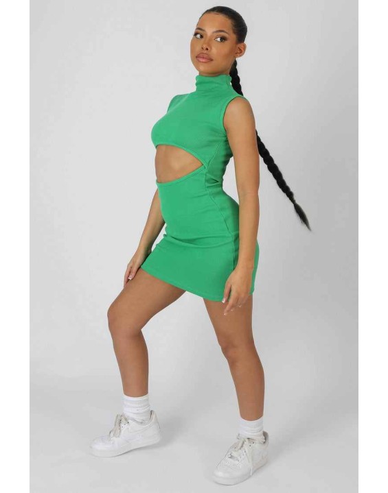 Rib Cut Out Bodycon Mini Dress Green