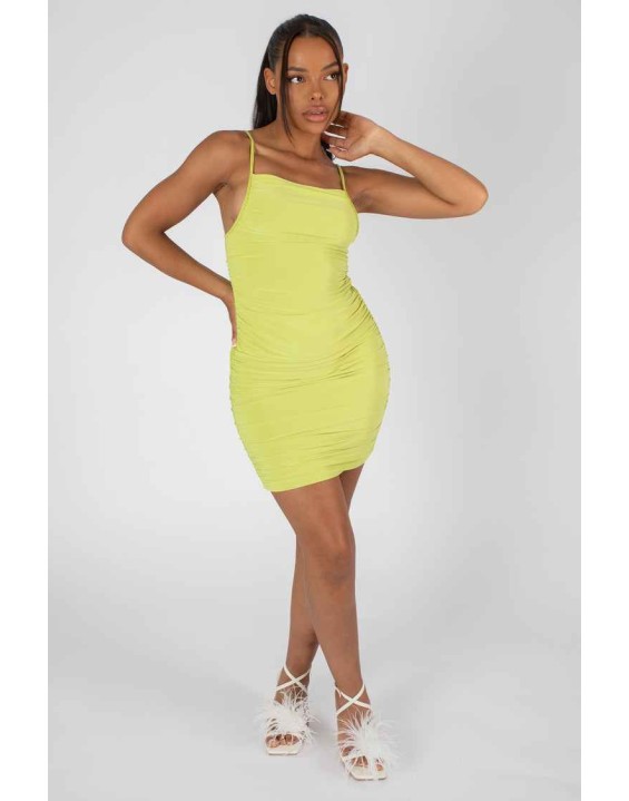 Square Neck Ruched Mini Dress Lime