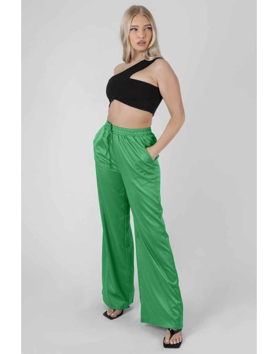 Satin Wide Leg Trousers Green
