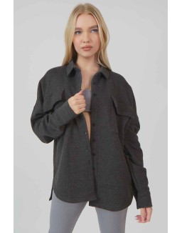 Oversized Pocket Front Shacket Grey Acid Wash