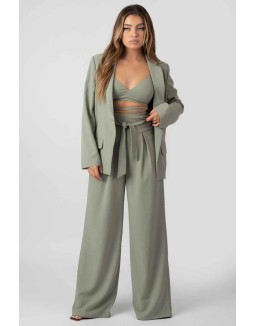 Premium Tie Waist Wide Leg Trousers Sage