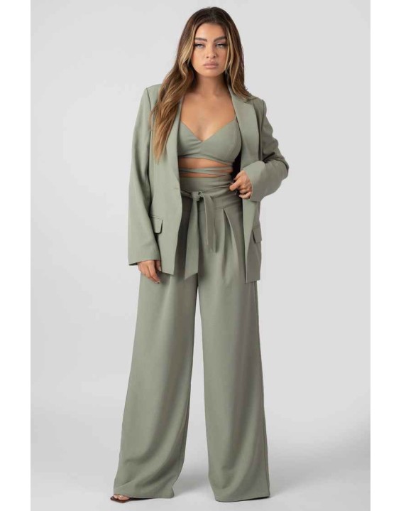 Premium Tie Waist Wide Leg Trousers Sage