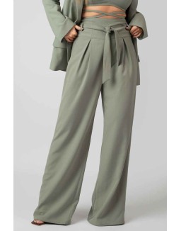 Premium Tie Waist Wide Leg Trousers Sage