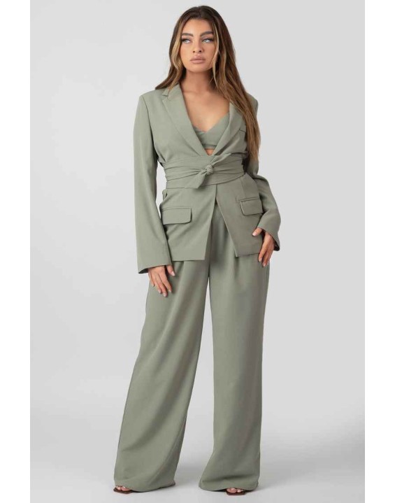 Premium Tie Waist Wide Leg Trousers Sage