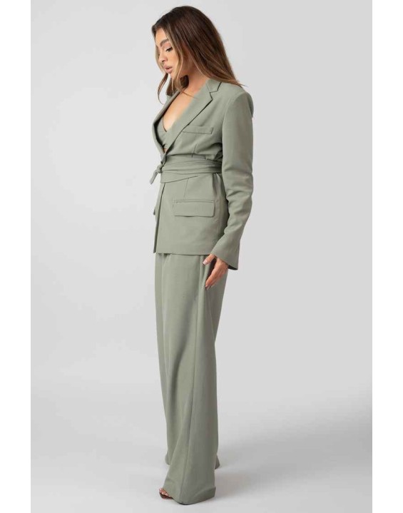 Premium Tie Waist Wide Leg Trousers Sage
