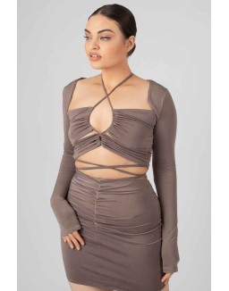 Loop Ruching Slinky Long Sleeved Top Mink Grey
