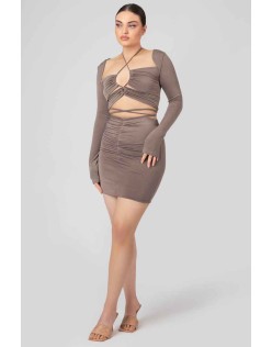 Waist Strapping Gathered Mini Skirt Mink Grey