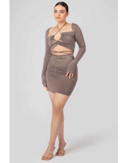 Waist Strapping Gathered Mini Skirt Mink Grey