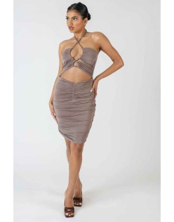 Slinky Loop Ruching Tie Midi Dress Mink Grey