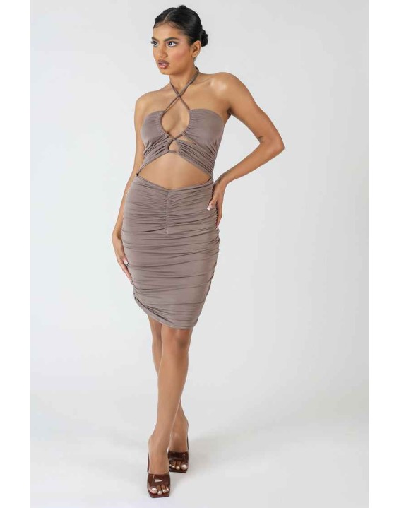 Slinky Loop Ruching Tie Midi Dress Mink Grey